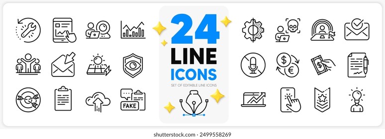 Icons set of Video conference, Sales diagram and Lgbt line icons pack for app with Currency exchange, Shoulder strap, Winner thin outline icon. No microphone, Eye detect. Design with 3d stars. Vector