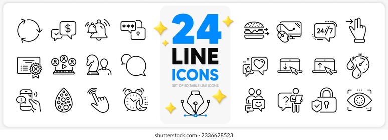 Icons set of Video conference, Touchscreen gesture and Lock line icons pack for app with Heart, Food delivery, Swipe up thin outline icon. 24h service, Alarm, Security lock pictogram. Vector
