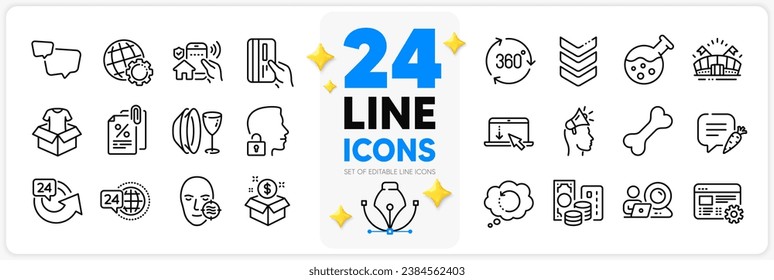 Icons set of Video conference, Web settings and Dog bone line icons pack for app with Post package, Clothing, Brand ambassador thin outline icon. Globe, Dish plate, Sports arena pictogram. Vector