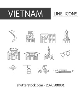 Icons set of Vietnam black thin line. Set of map, architecture, tradition and more.