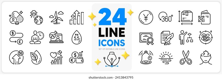 Icons set of Vitamin, Analysis Graphen und Sunrise Linie Icons Pack für App mit Yen Geld, Box Größe, Windmill Turbinen dünnen Umriss Icon. Ph-neutral, Erinnerung, Piktogramm der Wechselkurse. Vektorgrafik
