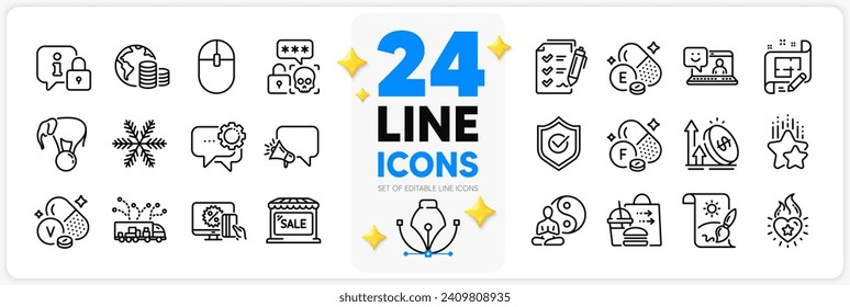 Icons set of Vitamin e, Employees messenger and Elephant on ball line icons pack for app with Ranking stars, Market sale, Survey checklist thin outline icon. Megaphone, Computer mouse. Vector