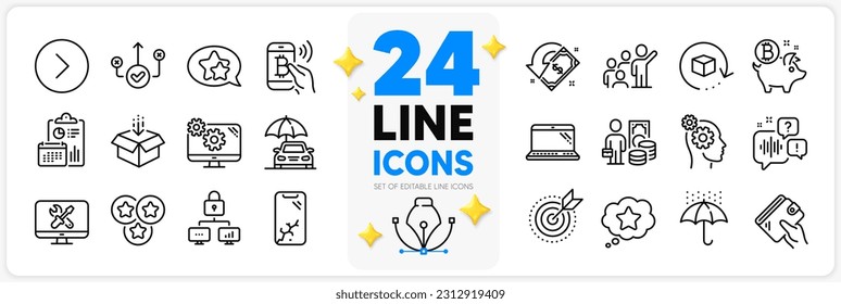Conjunto de iconos de cartera, paquete Return e iconos de línea de correo de voz para aplicación con un icono de contorno delgado Laptop, Stars, Forward. Informe, cuadro Obtener, pictograma estrella. Moneda de Bitcoin, estrella de la lealtad. Vector