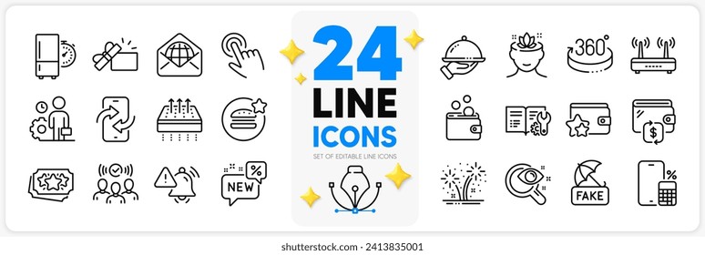 Icons set of Wallet, Web mail and 360 degrees line icons pack for app with New, Breathable mattress, Phone calculator thin outline icon. Refrigerator timer, Fireworks. Design with 3d stars. Vector