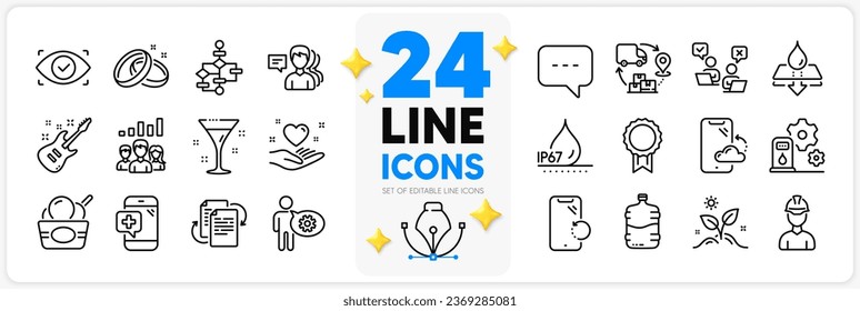 Icons set of Water resistant, Smartphone cloud and Smartphone recovery line icons pack for app with Waterproof, Electric guitar, People thin outline icon. Cocktail, Hold heart. Vector