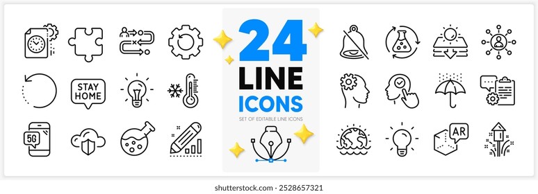 Icons set of Waterproof umbrella, Networking and Augmented reality line icons pack for app with Fireworks, Idea, Project deadline thin outline icon. 5g phone, Sun protection. Vector
