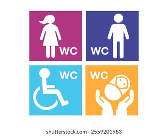 Icons set for wc. Four icons divided into men, women, disabled and childcare. Vector.