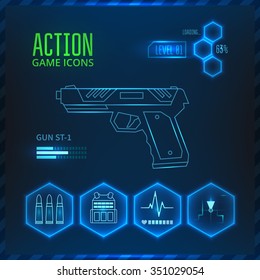 Icons Set Weapons For The Game In The Genre Of Shooter Or Action. Gun Icon. Vector