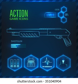 Icons Set Weapons For The Game In The Genre Of Shooter Or Action. Shotgun Icon. Vector