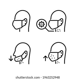 Icons set for wearing mask incorrectly. Concept of COVID-19 prevention. Line vector. Isolated on white background.