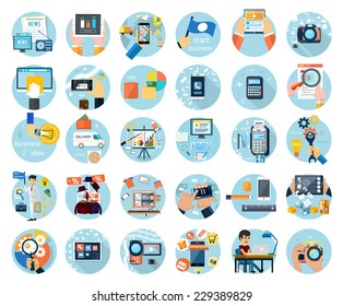 Icons set for web design, digital marketing, delivery, payment, online shop, content, business, social media, clothes sale in flat design