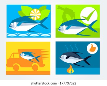 Icons set for the website fresh fish delivery seller's and fish cooking place