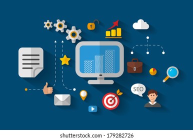 Icons set of website SEO optimization. Web analytics elements. Flat design modern vector illustration 