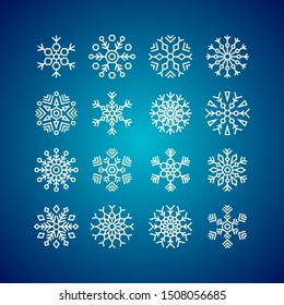 Icons set of white snowflakes. Vector illustration, flat design, geometric style. Elements for Christmas banners, posters, leaflets, invitations, greeting cards or for web design.