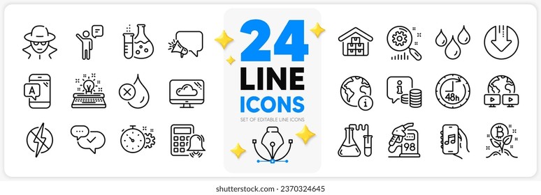 Icons set of Wholesale goods, Ab testing and Antistatic line icons pack for app with Chemistry lab, Download arrow, Info thin outline icon. Bitcoin project, 48 hours, Waterproof pictogram. Vector