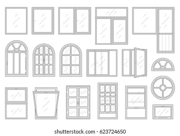 Icons set of windows different types. Pictogram collection in thin linear style. Classic architecture elements. Simple design. Vector illustration in black color isolated on white background