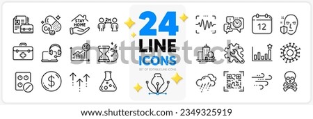 Icons set of Windy weather, Customisation and Chemistry lab line icons pack for app with Cobalt mineral, Qr code, Annual calendar thin outline icon. Rainy weather, Time management. Vector Foto d'archivio © 
