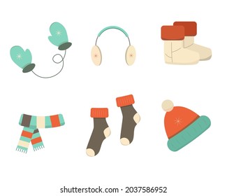 Icons set of the winter clothes. Colorful flat illustration