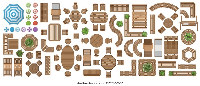 Icons set. Wooden outdoor furniture  and patio items. (top view) Isolated Vector Illustration. Tables, benches, chairs, sunbeds, swings. (view from above). 