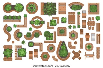 Icons set. Wooden outdoor furniture,  patio items and green plants. (top view) Isolated Vector Illustration. Tables, benches, chairs, sunbeds, swings. (view from above). 