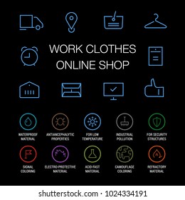 Icons set for work clothes online shop. Linear. Colored on black.