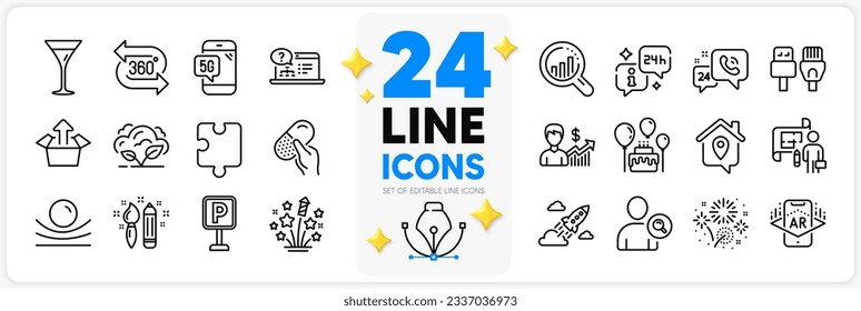 Conjunto de iconos de Work home, Seo analysis and Parking line iconos pack para la aplicación con píldora Capsule, estrellas de Fireworks, Icono de contorno delgado del usuario. Crecimiento del negocio, cohete de inicio, pictograma de creatividad. Vector