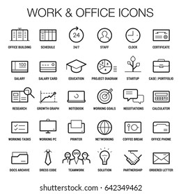 Icons set of working and office area. Thin and thick lines. Black on white.