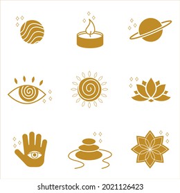 Icons set of  yoga. Jyotish Vedic Astrology. Hindu astrological horoscope.