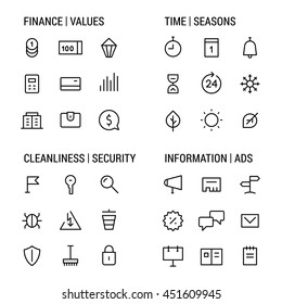 Icons sets: finance and values, time and seasons, cleanliness and security, information and ads. Linear, black.