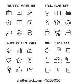 Icons sets: graphics and visual art, restaurant and menu, rating and status, move and copy. Linear, white.