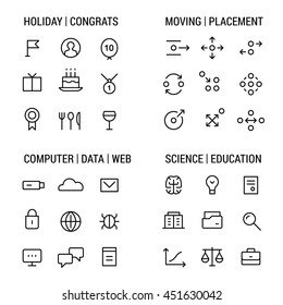 Icons sets: holidays and congrats, moving and placement, computer and web, science and education. Linear, white.