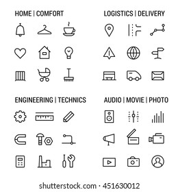 Icons sets: home and comfort, logistics and delivery, engineering and technics, audio, movie, photo. Linear, white.