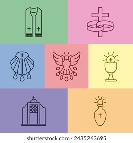 Icons Seven Sacraments of the Catholic Church: Orders, Marriage, Baptism, Confirmation, Eucharist, Penance, Anointing of the Sick, Vector Illustration