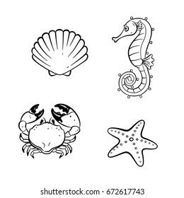 Icons of shells, sea horse, crab, starfish on a sea background. Modern black style symbols isolated on white for infographics or web use.