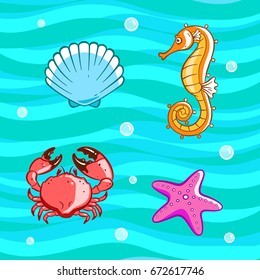 Icons of shells, sea horse, crab, starfish on a sea background. Modern color style symbols isolated on white for infographics or web use.