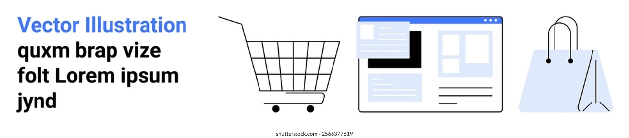 Icons of a shopping cart, a website layout, and a shopping bag. Ideal for e-commerce, online shopping, retail, web design, and digital marketing. Landing page