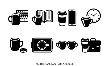 Icons show coffee cup with notebook phone clock laptop cookies travel mug and briefcase