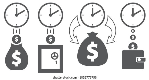 Icons show how the amount of money increases over time.