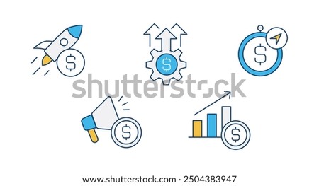 Icons showcasing essential financial tactics for business success, focusing on investment, profitability, and strategic marketing. These icons reflect effective planning in financial growth