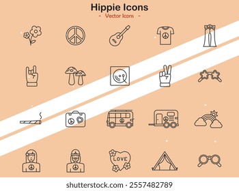 Icons showcasing hippie culture symbols and elements