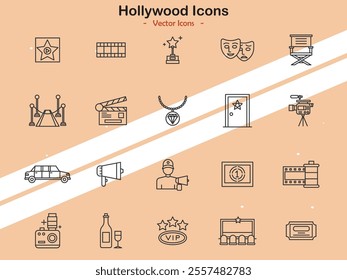 Icons showcasing Hollywood film industry elements and symbols