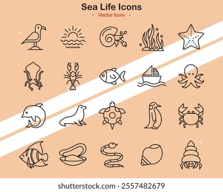 Icons showcasing marine life and ocean themes