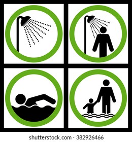 Icons showers and swimming.
Sign notifying that you can provide the body hygiene taking water treatments.