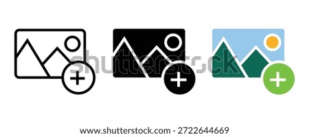 Icons showing adding a picture to a gallery or album, in outline, solid, and color.