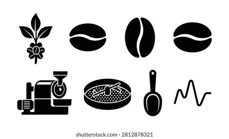 Icons showing coffee cherry plant beans grinder filter and coffee brewing tools