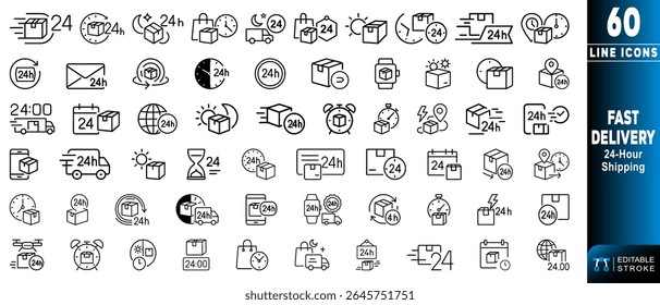 Icons showing fast delivery and 24-hour shipping efficiency - Collection of line icons features various symbols related to fast delivery and shipping services.