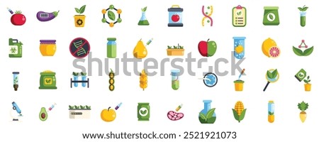 Icons showing genetic engineering of crops and fruits to modify their dna for increased yield and resistance