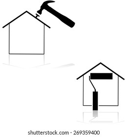 Icons showing house and hammer   paint roll