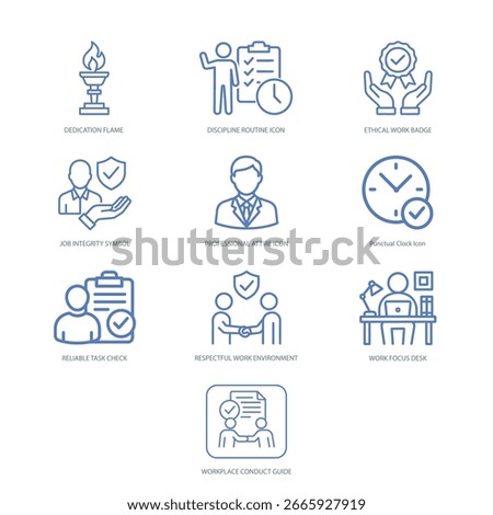 Icons showing punctuality, dedication, ethics at work, and personal responsibility in professional life.