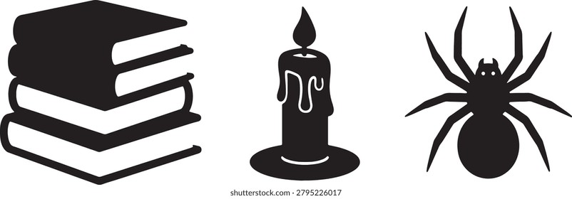 Icons showing stack of books burning candle and scary spider silhouette for dark themed design.
